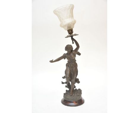Early 20th Century French spelter table lamp, female figure holding up lamp with glass shade 