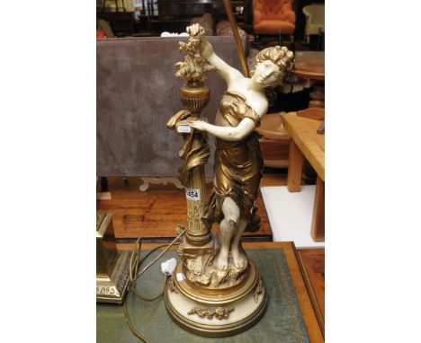A large early 20th century painted spelter lamp in the form of an Art Nouveau style maiden