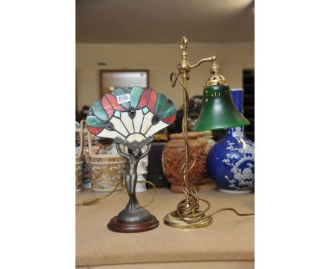 A reproduction Art Deco coloured glass lamp plus a desk lamp