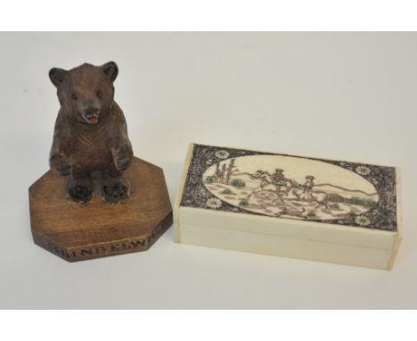 An attractive, rectangular shaped hinged bone snuff box depicting, in magenta colour, a hunting scene within a hilly landscap