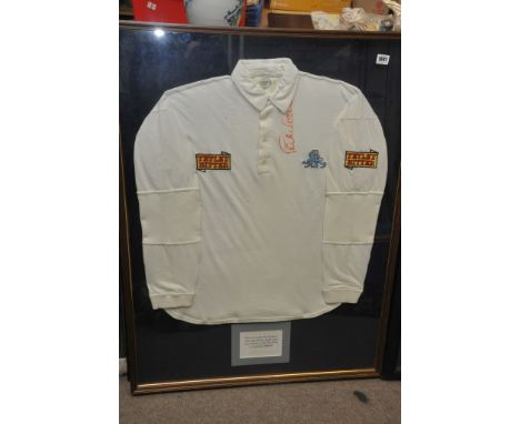 A mounted framed and signed match worn Graham Gooch England Cricket shirt. 