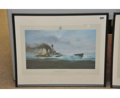 A Robert Taylor first edition print entitled 'The Last Moments of HMS Hood' signed by survivor, Lieutenant Ted Briggs