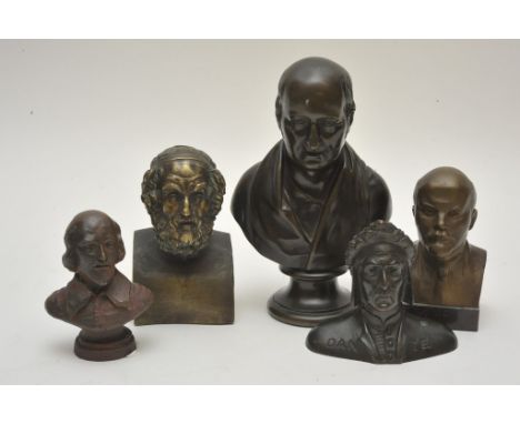 A collection of five small bronze and iron busts of various scholars and historical figures