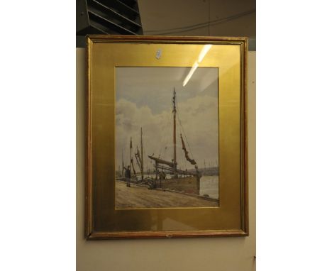 A late 19th Century gilt framed watercolour, depicting moored sailing fishing boats, indistinctly signed R Phene Spiers, 1882