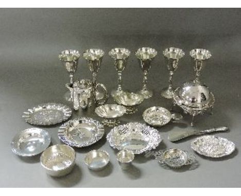 Silver items, comprising Armada dish bowl, tea strainer, two bon bon dishes, egg cup, a Continental silver ashtray, 16.6oz, a