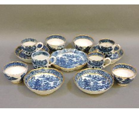 Various Caughley wares, in blue and white chinoiserie pattern, including coffee cups and saucers