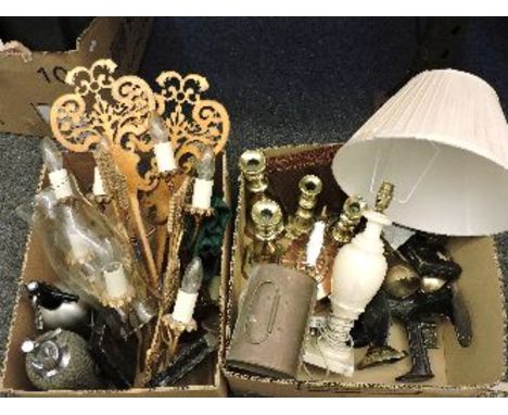 Two pairs of wall lights, a lantern, brass candlesticks, copper kettle, a table lamp, etc