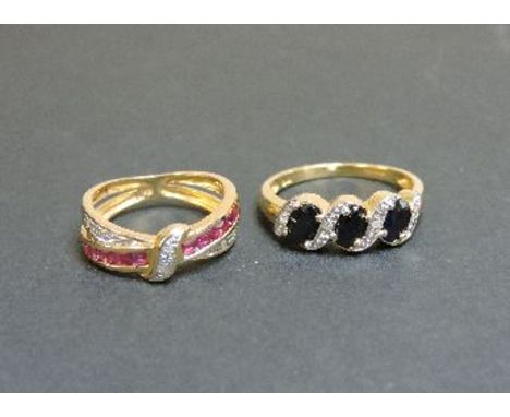 A 9ct gold sapphire and diamond ring, and a 9ct gold ruby and diamond ring