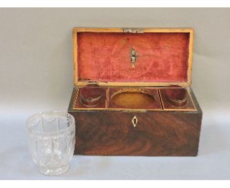 A 19th century mahogany tea caddy, with twin compartments, and centred with cut glass mixing bowls, 31cm wide
