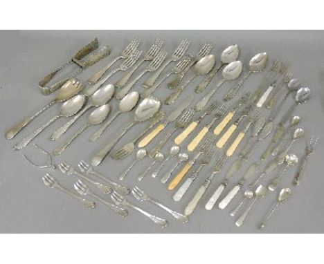 A pair of silver ’wishbone’ sugar nips, Barker Bros, Birmingham 1933, six Christofle cake forks, and a quantity of silver pla