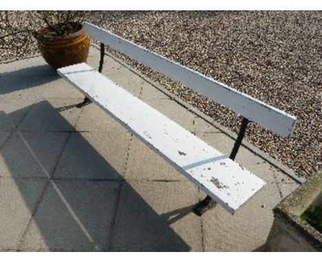 Three garden planters, and a low painted wooden garden bench