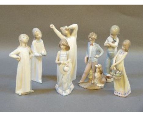 Seven assorted Lladro figures of young children, three in night gowns, 'Sunday's Child', two girls, and a boy with hammer, 19