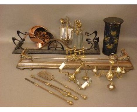Two Victorian fenders, two hanging wall lights, two hanging electroliers, a copper kettle, fire tools, and a painted cylinder