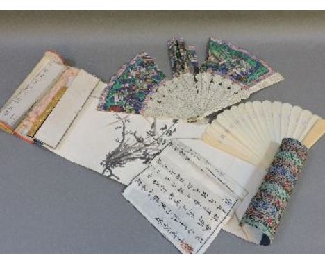 A Chinese ivory fan, with painted paper leaves, poor condition, nine plain ivory fans, and a Chinese scroll