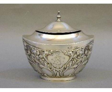 A silver tea caddy, with Art Nouveau decoration by James Deakin & Sons, Sheffield 1904