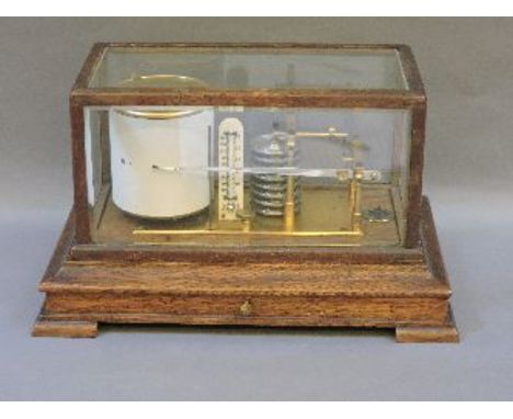 An oak cased barograph, with thermometer and drawer for paper scales