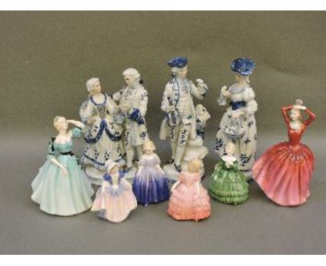 Six Royal Doulton figures, Celeste, Katrina, Rose, Belle, Marie, Dinty Do, and three further ceramic figures