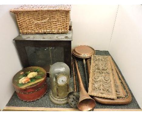 A Victorian beadwork table centre, a pair of carved panels, a warming pan, a hunting horn, two balance scales, a picnic baske