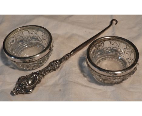 SILVER RIMMED GLASS PIN DISHES &amp; BUTTON HOOK  