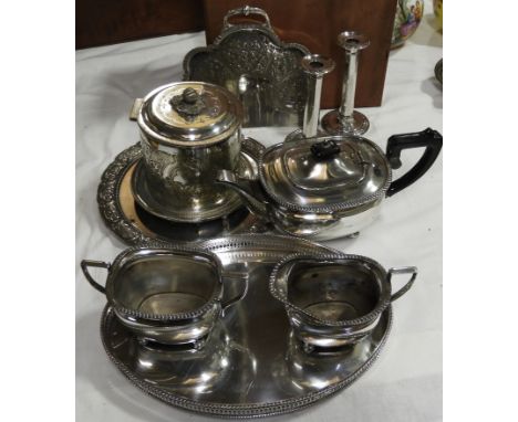 PLATED TEA SERVICE TO TRAY, SALVER,BISCUIT BARREL,CANDLESTICKS &amp; SCOOP  