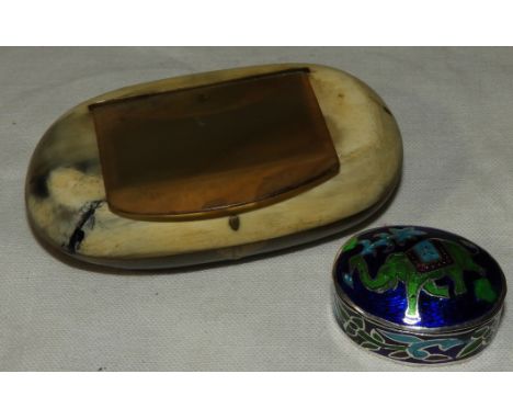 SILVER &amp; ENAMEL PILL BOX &amp; HORN SNUFF BOX  