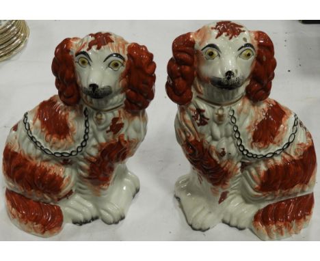 PAIR OF LIVER/WHITE STAFFS MANTEL DOGS  