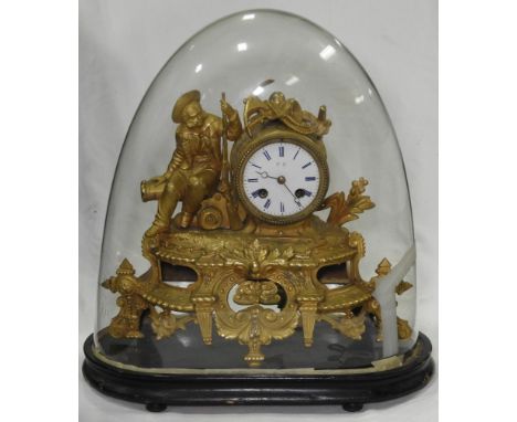 GILT ORNATE FRENCH MANTEL CLOCK UNDER GLASS DOME A/F  