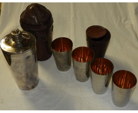 LEATHER &amp; PLATED HUNTING FLASK &amp; CUP SET  