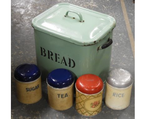 ENAMEL BREADBIN &amp; 4 STORAGE JARS  