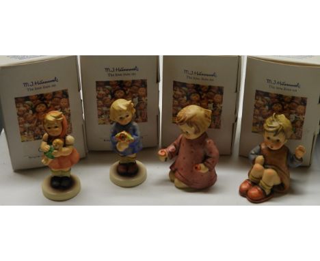 4 SMALL HUMMEL FIGURES GIRL WITH NOSEGAY 822, GIRL WITH DOLL 821, 1 FOR YOU 1 FOR ME 282 &amp; HELLO I'M THERE 285 BOXED  