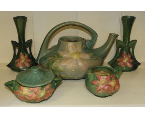 ROSEVILLE USA POTTERY TEAPOT,MILK JUG,SUGAR BOWL &amp; PAIR OF VASES  