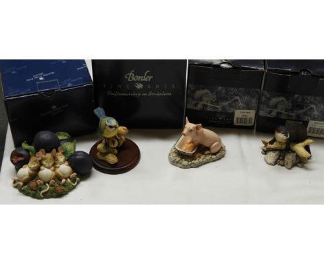 4 BOXED BORDER FINE ARTS SCULPTURES BLUE TIT, MERRIE MICE, FEED TIME &amp; FIRST OUTING  