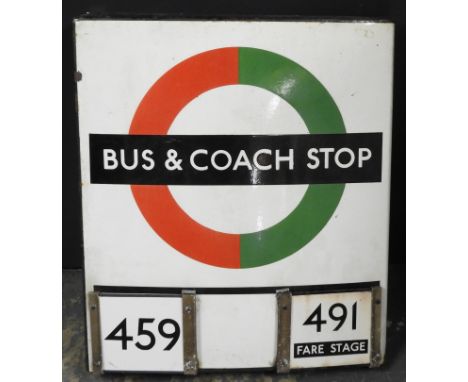 ENAMEL SIGN BUS &amp; COACH STOP DOUBLE SIDED 21"x18"