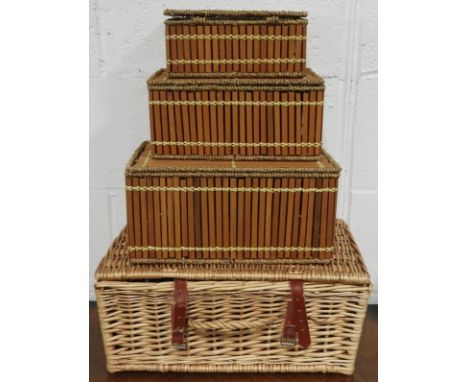 WICKER HAMPER &amp; 3 CANE BOXES  