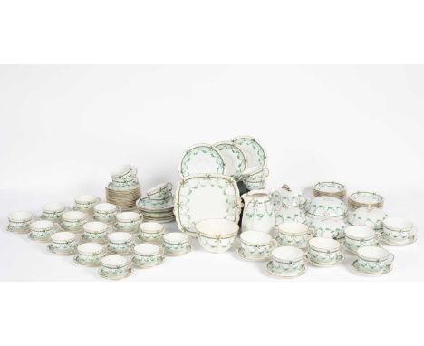 A Royal Crown Derby part tea and coffee service, pattern 4600 with green laurel floral swags, comprising a coffee pot, seven 