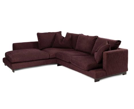 A Camerich Lazytime sofa in two sections, upholstered in aubergine linen style fabric, on metal supports, set up: 274cm wide,