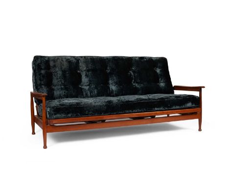 George Fejer and Eric Phamphilon for Guy Rogers, a teak Manhattan sofa converting to a bed with brass mechanism, loose cushio