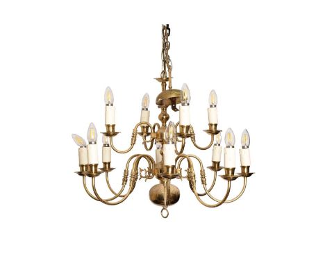 A Dutch brass twelve-branch chandelier, 92cm high x 70cm in diameter approximatelyOverall good condition with some slight cor