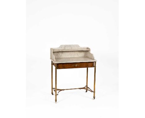 A white marble topped washstand, circa 1900, possibly American, with galleried top and a painted burr effect veneered drawer,