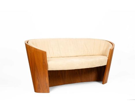 Tom Schneider (Contemporary) Eclipse Sofa walnut veneered frame with faux suede loose cushion back and upholstered seat, on c