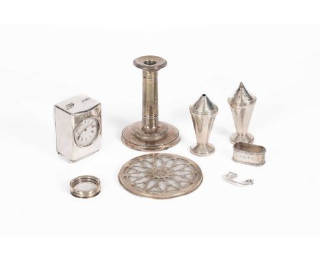 Art Deco salt and pepper pots of stylised conical design, ALD, Birmingham 1936, 10cm high, weighted, a silver cased carriage 