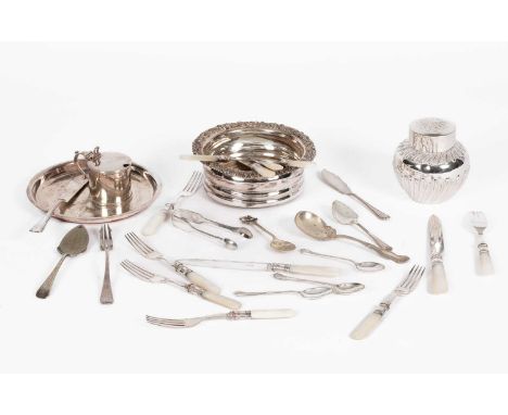 A quantity of silver plate to include a wine coaster, a tea caddy and six mother-of-pearl handled dessert knives and forks