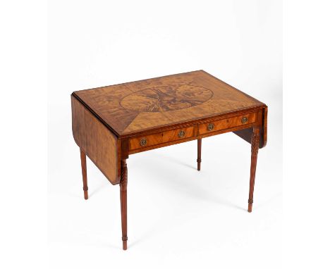 A 19th Century and later mahogany and satinwood sofa table, the rectangular drop-leaf top with a central oval inlay, with two