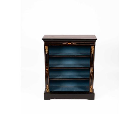 A Victorian ebonised pier cabinet with inlaid floral detail and cast gilt metal mounts, 84cm wide, 32cm deep, 103cm highOvera