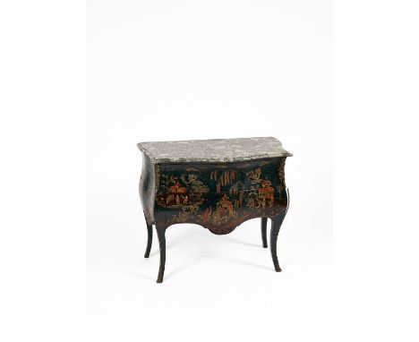 A Louis XV style blue lacquer Chinoiserie decorated bombe commode, 20th Century, the serpentine marble top above two drawers 