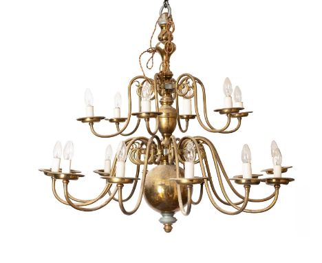 A large Dutch brass eighteen-branch chandelier, 89cm high x 96cm diameter approximately