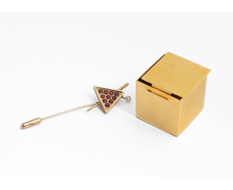 A 9ct yellow gold, ruby and diamond snooker stick pin, approximately 2.2g and a gold plated snooker chalk holder