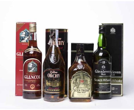 MACDONALD'S GLENCOE 8 YEAR OLD Pure Highland Malt Whisky by R. N. MacDonald. 750ml, 57% volume, in carton. GLENLEVEN 12 YEAR 