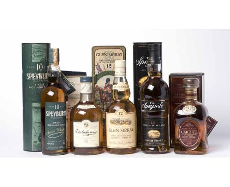 CARDHU AGED 12 YEARS
Single Malt Highland Scotch Whisky. 70cl, 40% volume, in carton. 
SPEYBURN 10 YEARS OLD
Single Highland 