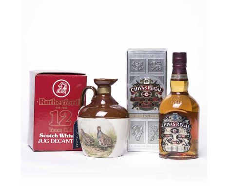 RUTHERFORD'S 12 YEARS OLD Blended Scotch Whisky. 70cl, 40% volume, in white and brown ceramic flagon with bird design, in car